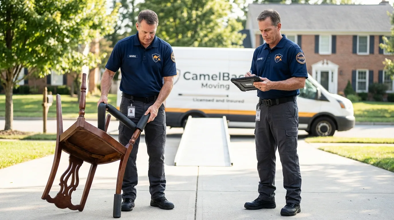 Movers inspecting furniture for damage prevention before loading in Lumberton, NC