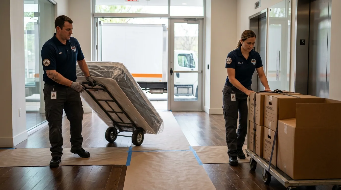 Professional apartment movers loading elevator in Lumberton, NC